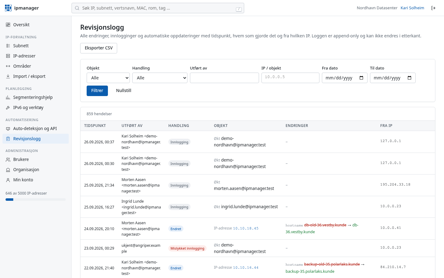 Revisjonsloggen med endringer per felt, bruker, tidspunkt og IP-adresse