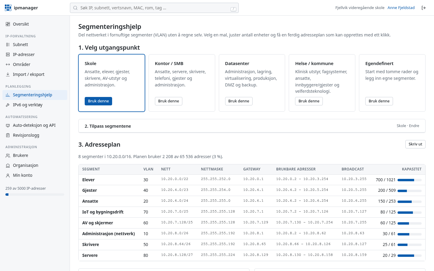 Segmenteringsveiviseren med ferdig adresseplan for en skole